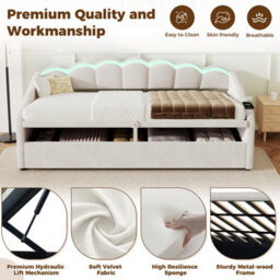 Abrihome 3Ft Single Velvet Daybed 90X190Cm With Petal Shaped Headboard, Rgb Led Lighting, Charging Station And Hydraulic Storage, Beige - thumbnail 3
