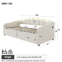 Abrihome 3Ft Single Velvet Daybed 90X190Cm With Petal Shaped Headboard, Rgb Led Lighting, Charging Station And Hydraulic Storage, Beige - thumbnail 6