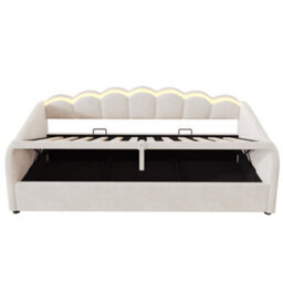 Abrihome 3Ft Single Velvet Daybed 90X190Cm With Petal Shaped Headboard, Rgb Led Lighting, Charging Station And Hydraulic Storage, Beige - thumbnail 7