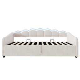 Abrihome 3Ft Single Velvet Daybed 90X190Cm With Petal Shaped Headboard, Rgb Led Lighting, Charging Station And Hydraulic Storage, Beige - thumbnail 8
