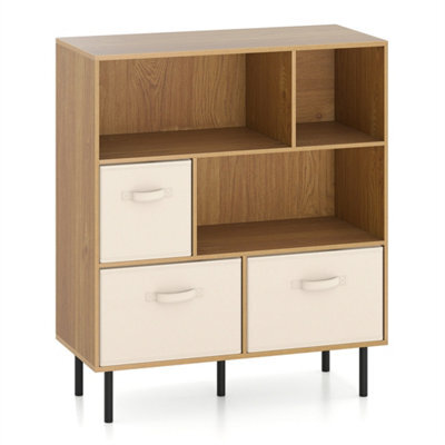 3 Tier Bookshelf With 3 Fabric Drawers Natural 6 Cubby Bookcase Storage - image 1