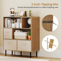 3 Tier Bookshelf With 3 Fabric Drawers Natural 6 Cubby Bookcase Storage - thumbnail 6