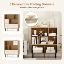 3 Tier Bookshelf With 3 Fabric Drawers Natural 6 Cubby Bookcase Storage - thumbnail 4