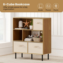 3 Tier Bookshelf With 3 Fabric Drawers Natural 6 Cubby Bookcase Storage - thumbnail 5