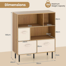 3 Tier Bookshelf With 3 Fabric Drawers Natural 6 Cubby Bookcase Storage - thumbnail 2