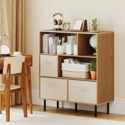 3 Tier Bookshelf With 3 Fabric Drawers Natural 6 Cubby Bookcase Storage - thumbnail 3