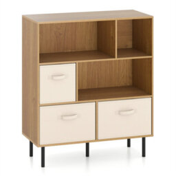 3 Tier Bookshelf With 3 Fabric Drawers Natural 6 Cubby Bookcase Storage - thumbnail 1
