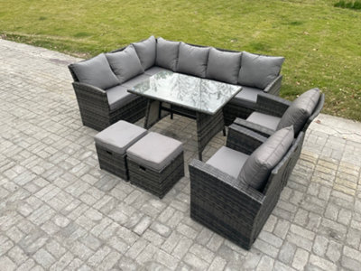 Fimous Rattan Garden Furniture Corner Sofa Set With Oblong Dining Table 2 Small Footstools 2 Armchairs - image 1