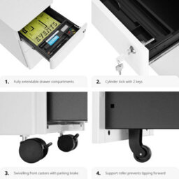 Tectake Filing Cabinet Parvus - Powdered Steel, 3 Drawers (1 For Hanging Files), Locking - 1 - White - thumbnail 5