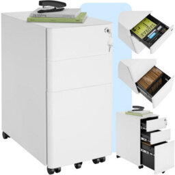 Tectake Filing Cabinet Parvus - Powdered Steel, 3 Drawers (1 For Hanging Files), Locking - 1 - White