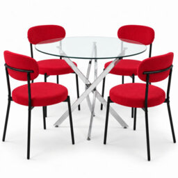 Oira Homes Modern 4 Seater Dining Table Set With Round Glass Dining Table And 4 Red Velvet Chairs - thumbnail 1