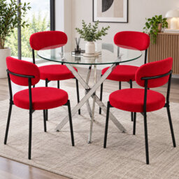 Oira Homes Modern 4 Seater Dining Table Set With Round Glass Dining Table And 4 Red Velvet Chairs - thumbnail 2