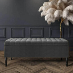 90Cm Paris Striped Ottoman Storage Bench- Plush Velvet Shoe Bench - Steel Grey Upholstery Footstool With Storage