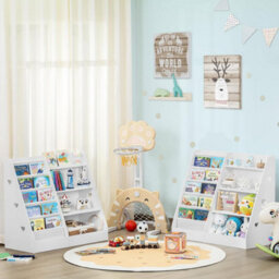 Xample 4 Tier Kids Bookshelf With 5 Sling Pockets, Wooden Book Storage Organizer For Toddlers, Baby Nursery, Playroom & Classroom White - thumbnail 3