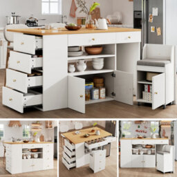 Btm Adjustable Kitchen Island With Bar Stools, 6 Drawers, 70 To 140Cm Cabinet, White - thumbnail 4