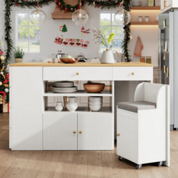 Btm Adjustable Kitchen Island With Bar Stools, 6 Drawers, 70 To 140Cm Cabinet, White - thumbnail 7