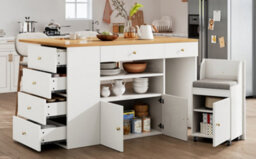 Btm Adjustable Kitchen Island With Bar Stools, 6 Drawers, 70 To 140Cm Cabinet, White - thumbnail 5