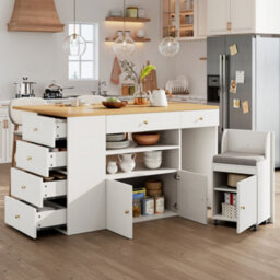 Btm Adjustable Kitchen Island With Bar Stools, 6 Drawers, 70 To 140Cm Cabinet, White - thumbnail 6