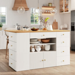 Btm Adjustable Kitchen Island With Bar Stools, 6 Drawers, 70 To 140Cm Cabinet, White - thumbnail 3