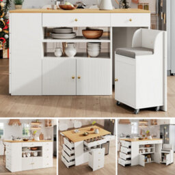 Btm Adjustable Kitchen Island With Bar Stools, 6 Drawers, 70 To 140Cm Cabinet, White