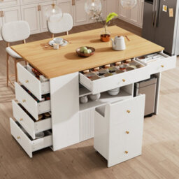 Btm Adjustable Kitchen Island With Bar Stools, 6 Drawers, 70 To 140Cm Cabinet, White - thumbnail 2
