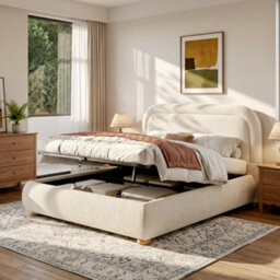 King Bouclé Ottoman Storage Bed With Curved Headboard - thumbnail 4