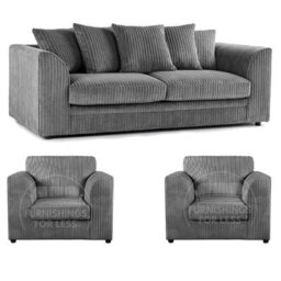 Furnishings For Less UK Luxor Jumbo Cord 3 + 1 + 1 Fabric 3 Piece Sofa Suite - Scatter Back Grey - thumbnail 1
