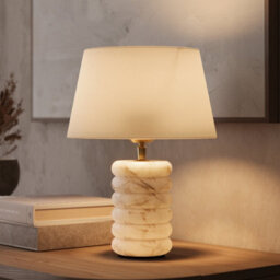 Industville Alabaster Stone Dual Lit Table Lamp, Empire Cotton Shade - thumbnail 3