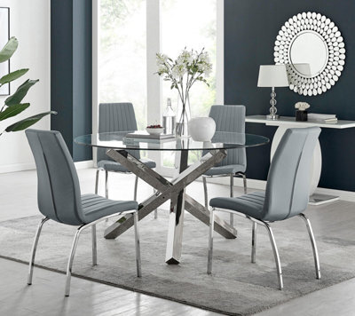 Furniturebox Uk Vogue Large Round Chrome Metal Clear Glass Dining Table And 4 Elephant Grey Isco Dining Chairs Set - image 1