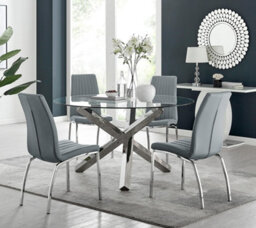Furniturebox Uk Vogue Large Round Chrome Metal Clear Glass Dining Table And 4 Elephant Grey Isco Dining Chairs Set - thumbnail 1