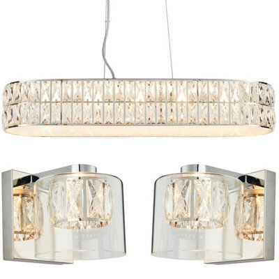 5 Bulb Ceiling Bar & 2X Matching Wall Mount Light Long Chrome & Crystal Glass - image 1