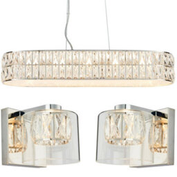 5 Bulb Ceiling Bar & 2X Matching Wall Mount Light Long Chrome & Crystal Glass - thumbnail 1