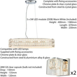 5 Bulb Ceiling Bar & 2X Matching Wall Mount Light Long Chrome & Crystal Glass - thumbnail 2