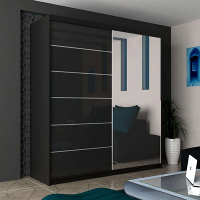 Sliding Wardrobes 4 u LTD Sliding Wardrobes 4U Fletche High Gloss Mirror Sliding Door Wardrobe In 3 Colors And 3 Sizes (Black W1800mm H2000mm) - image 1