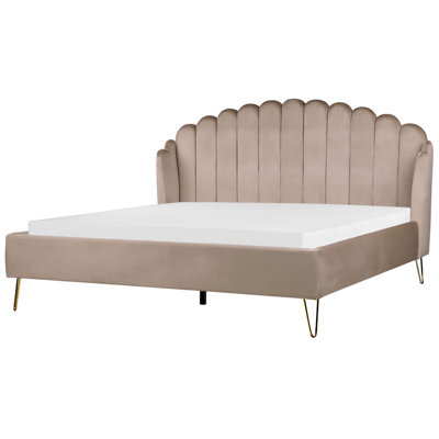 Beliani Bed Velvet Ambillou 180 X 200 Cm (Eu Super King) Taupe - image 1