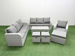 Fimous 10 Seater Poly Rattan Outdoor Garden Furniture Oblong Coffee Table Sofa Set Reclining Chair 3 Stools Side Table Light Grey - thumbnail 1