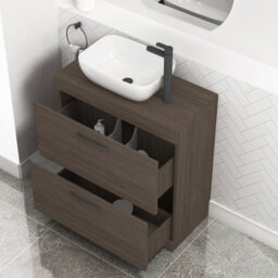 Royal Bathrooms 800mm Floor Standing Vanity Unit 2 Drawer Grey Elm & Countertop Basin - Elva With Matt Black Handle - thumbnail 3