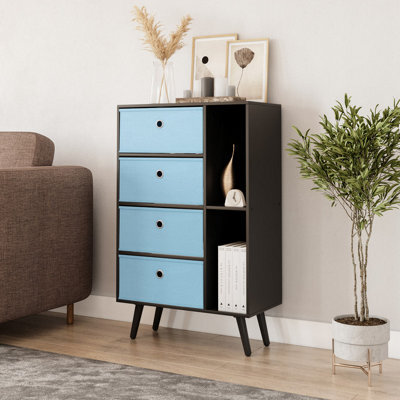 Urbn-Living Urbnliving 84Cm Height Black 6 Section Wooden Storage Bookcase With Black Legs Sky Blue Drawers - image 1
