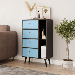 Urbn-Living Urbnliving 84Cm Height Black 6 Section Wooden Storage Bookcase With Black Legs Sky Blue Drawers - thumbnail 1