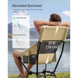 Adjustable Folding Camping Chair With Head Support, High Back Beach Chair, Portable Outdoor Seat With Storage Pockets, Brown - thumbnail 3