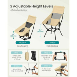 Adjustable Folding Camping Chair With Head Support, High Back Beach Chair, Portable Outdoor Seat With Storage Pockets, Brown - thumbnail 6