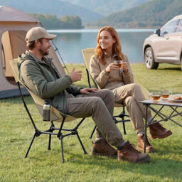 Adjustable Folding Camping Chair With Head Support, High Back Beach Chair, Portable Outdoor Seat With Storage Pockets, Brown