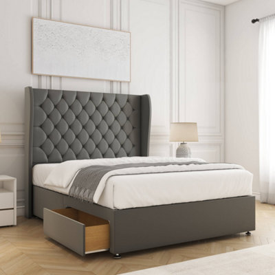 Bsspoke Amelia Divan Bed Set Grey Plush Velvet With 54Inch Wingedback Headboard & 2 Drawers Footend No Mattress In All Sizes - image 1
