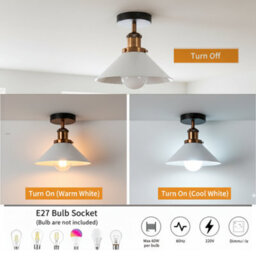 Vintage Ceiling Light Semi Flush Mount Indoor Light Metal  E27 Base Cone Lampshade White With Bulb - thumbnail 7