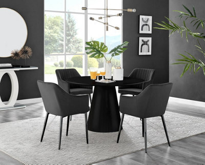 Furniturebox Uk Palma Black Semi Gloss Round Pedestal Dining Table & 4 Black Velvet Calla Black Leg Chairs - image 1