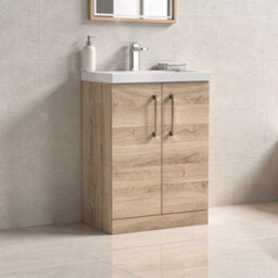 Balterley Bramshall Contemporary Bathroom Floor Standing 2-Door Vanity & Basin, Bleached Oak, 600mm - thumbnail 3