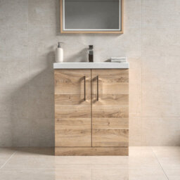 Balterley Bramshall Contemporary Bathroom Floor Standing 2-Door Vanity & Basin, Bleached Oak, 600mm - thumbnail 2