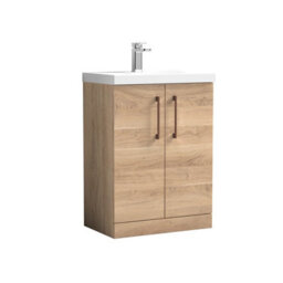 Balterley Bramshall Contemporary Bathroom Floor Standing 2-Door Vanity & Basin, Bleached Oak, 600mm - thumbnail 1