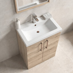 Balterley Bramshall Contemporary Bathroom Floor Standing 2-Door Vanity & Basin, Bleached Oak, 600mm - thumbnail 4
