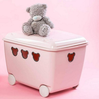 B2C Mobile Toy Storage Box Container Kids Room Cute Wheeled Rolling Bin Organizer Pink - image 1